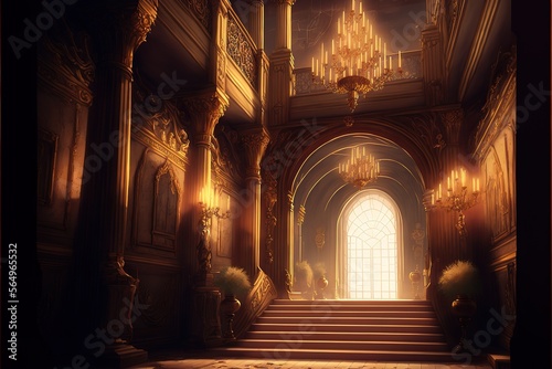 A realistic fantasy interior of the palace. golden palace. castle interior. Fiction Backdrop. concept art. Generative AI