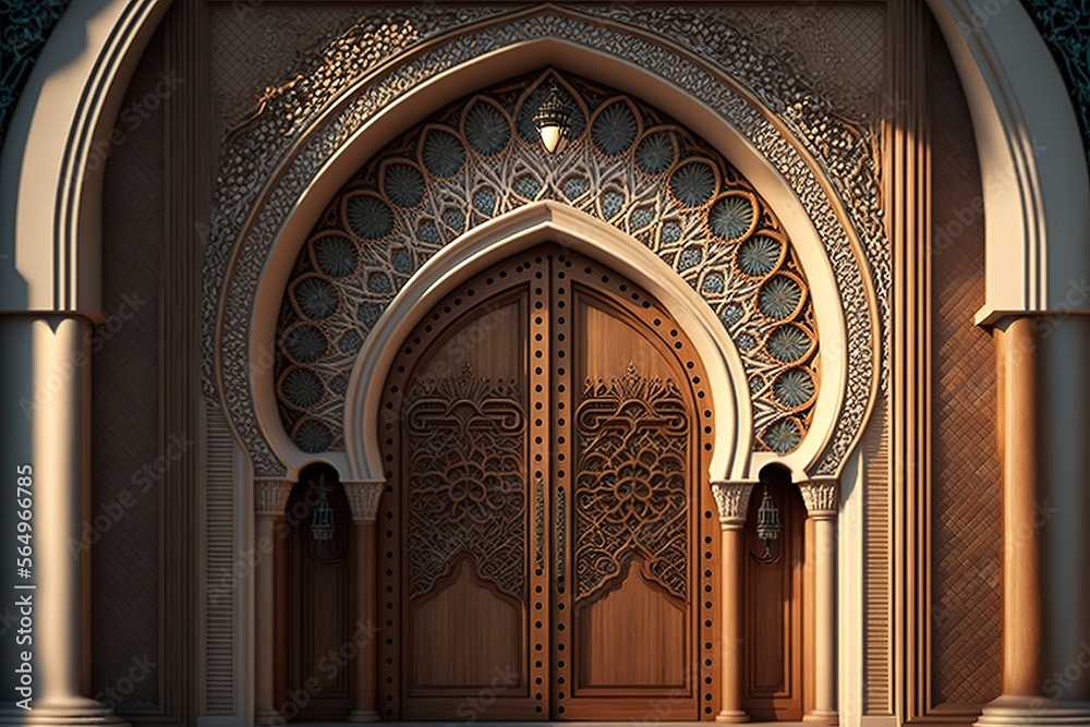 A beautiful architectural design of the entrance door to the mosque. Decorative door. generative ai