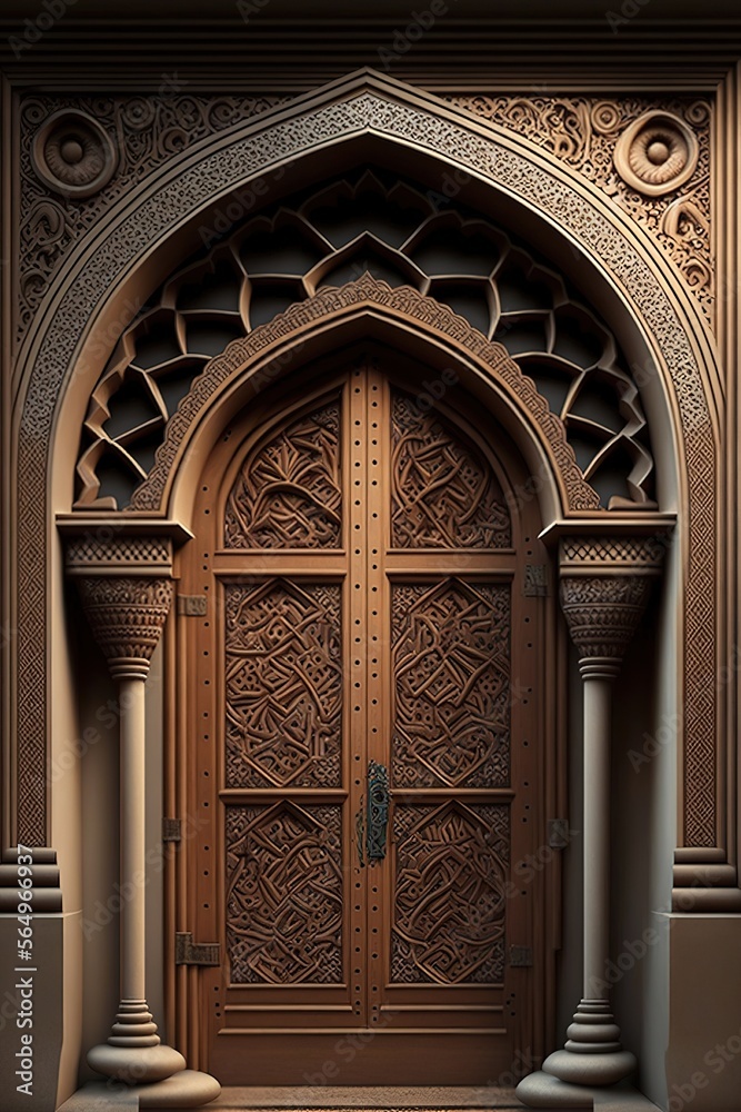 A beautiful architectural design of the entrance door to the mosque. Decorative door. generative ai