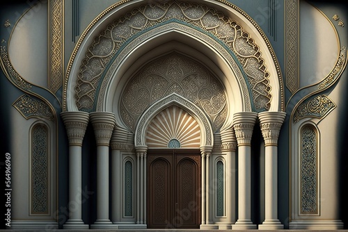 A beautiful architectural design of the entrance door to the mosque. Decorative door. generative ai