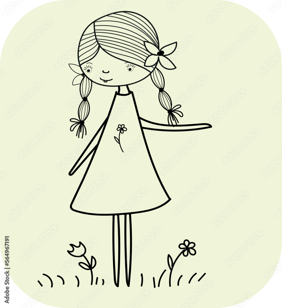 Fototapeta premium Cute girl with a flower on her dress. Vector file for designs.