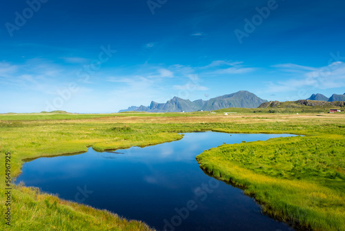Landscape with river and mountains in the Lofoten Islands, Norway