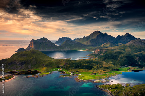 Beautiful landscape of the Lofoten Islands at sunset from Offersoykammen trail   Norway
