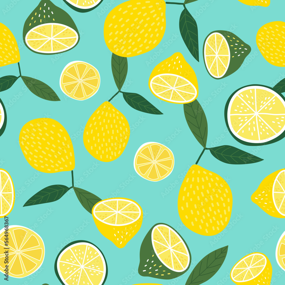 Lemon with leaves. Half Citrus on Turquoise Background. Lemon circle. Lime slice. Seamless Pattern Lemon with leaves. Half Citrus on Turquoise Background. Lemon circle. Lime slice. Seamless Pattern