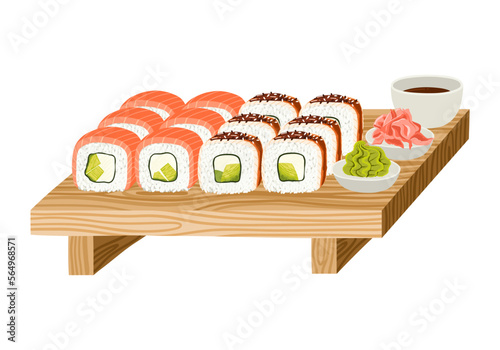Japanese sushi set of philadelphia rolls with salmon and eel slices on wooden board. Vector clipart.