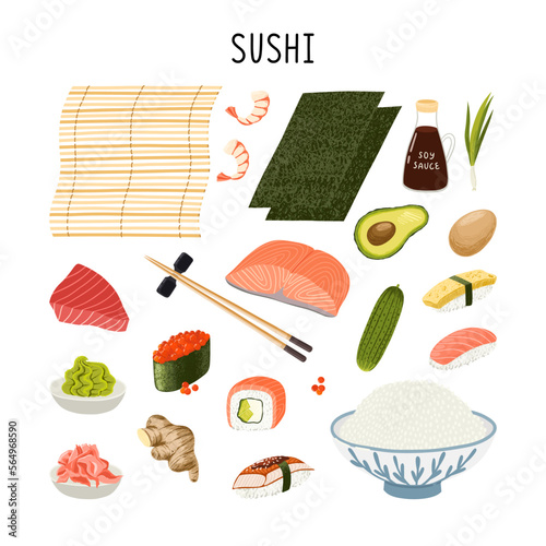 Japanese sushi ingredients vector set. Traditional Asian cuisine. Vector clipart.