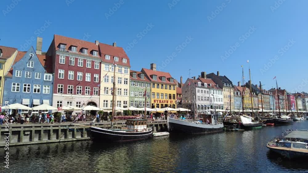 Colorful houses at new harbour waterfront in Copenhagen, Denmark - pan from left to right Colorful houses at new harbour waterfront in Copenhagen, Denmark - pan from left to right
