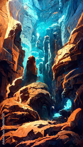 inside the rock cave with blue lighting illustration Generative AI Content by Midjourney