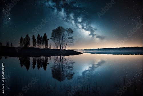  a lake with trees and a night sky filled with stars and the milky in the background with a reflection of the water and trees in the water. generative ai