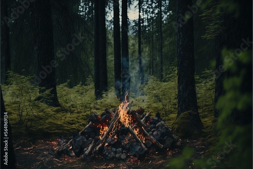  a fire in the middle of a forest with lots of logs and firewood burning in the middle of the forest, with a full moon in the background. generative ai