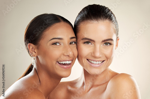 Beauty, diversity or happy portrait of women with natural cosmetics, healthy skincare glow or luxury self care. Dermatology, spa salon and aesthetic friends with facial makeup, wellness or healthcare