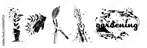 Gardening - Flower and gardening elements - extensive icon collection of outline symbols and vector illustrations. Grasses and plants with hatching and paint splashes. With leaves and organic shapes.