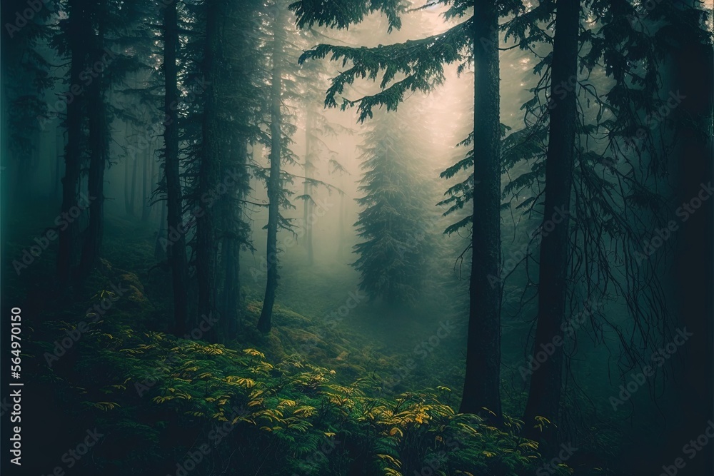 a forest with tall trees and green plants on the ground and fog in the ...