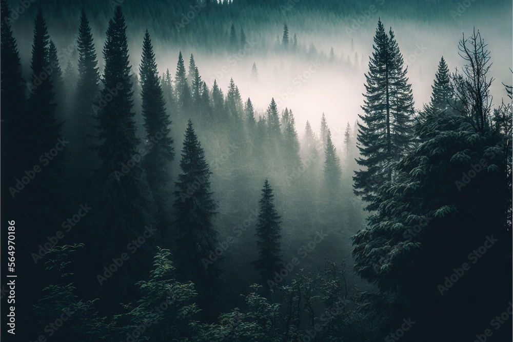  a forest filled with lots of tall trees covered in fog and mist covered in foggy mist and foggy trees in the distance, with a dark sky.  generative ai