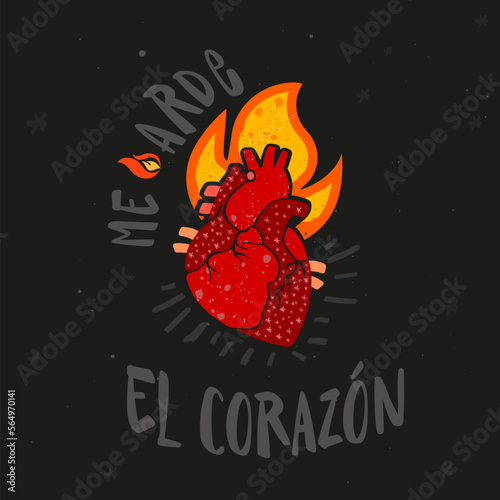 Me arde el corazón, lettering en español, Fuego, flama, llama, corazón, corazón anatómico, San Valentín, enamorados, caligrafía, Póster