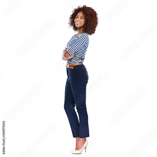 Full length shot of a beautiful young african woman standing with her hands crossed isolated on a PNG background. photo