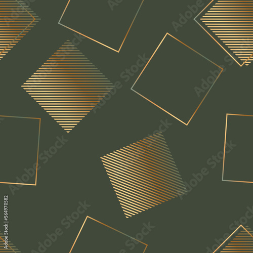 Seamless geometric vector pattern with squares on dark green background. Luxury design with golden metallic gradient shapes is perfect for gift decoration, stationery, wallpaper, wrapping paper, print