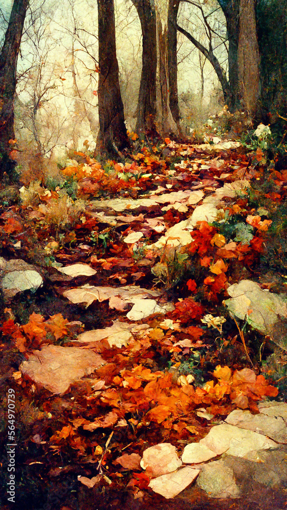 Beautiful ground covered with leaves illustration Generative AI Content by Midjourney