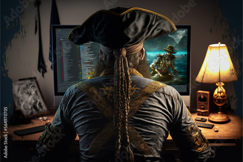 Generative AI illustration of man in costume of pirate sitting in front of monitor of computer in lamplight