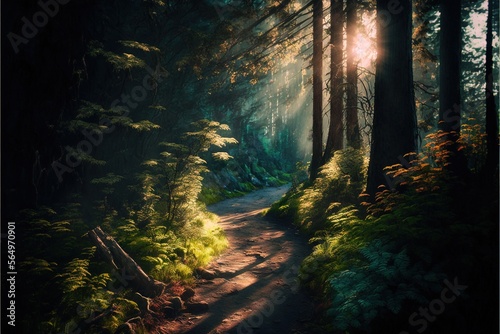  a path in the woods with sun shining through the trees and the sun shining through the trees and the path is surrounded by ferns and trees. generative ai