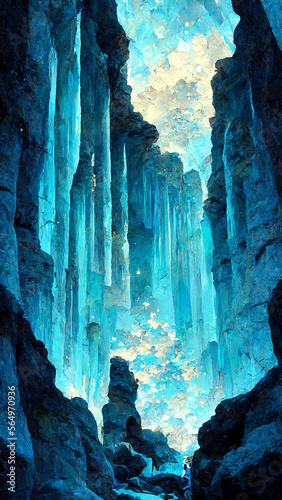 Blue mystical cave with the magic of sparkling crystals illustration Generative AI Content by Midjourney
