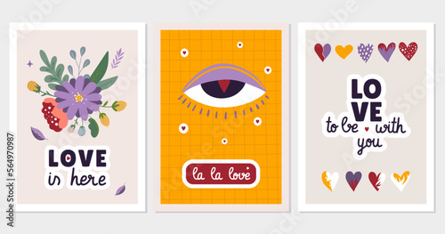 Set of hand drawn vector illustration Valentine's Day posters and cards, stickers. Valentine's day greeting cards design in modern retro vintage groovy