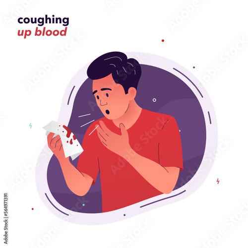 Vector illustration of a man who coughs up blood. A man holds a handkerchief with blood stains in his hands after coughing. Symptoms of tuberculosis, bronchitis, pneumonia, chest trauma, lung cancer.