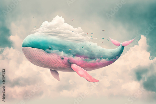 Beautiful multicolored whale flying in cloudy sky. ai generative.