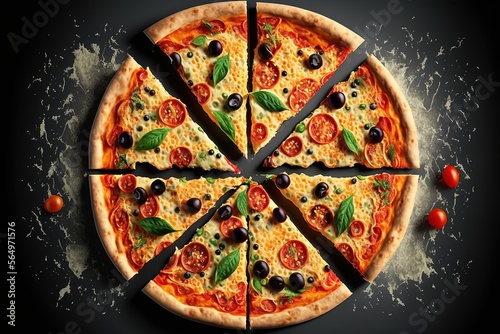 Beautiful pizza with cheese. View from above. Cooked pizza with tomatoes, olives and cheese. Menu for pizzeria, cafe. Generative AI