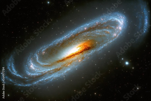  a very large spiral galaxy with a bright orange center and a black background with stars in the sky and a blue and yellow center with a white center. generative ai