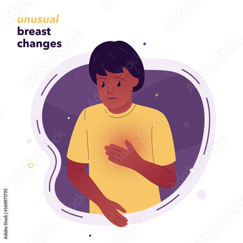 Vector illustration of a worried woman who put her hand to her chest. The woman felt unusual changes in her chest. Symptoms of breast cancer. Illustration for medical articles, posters, stands.