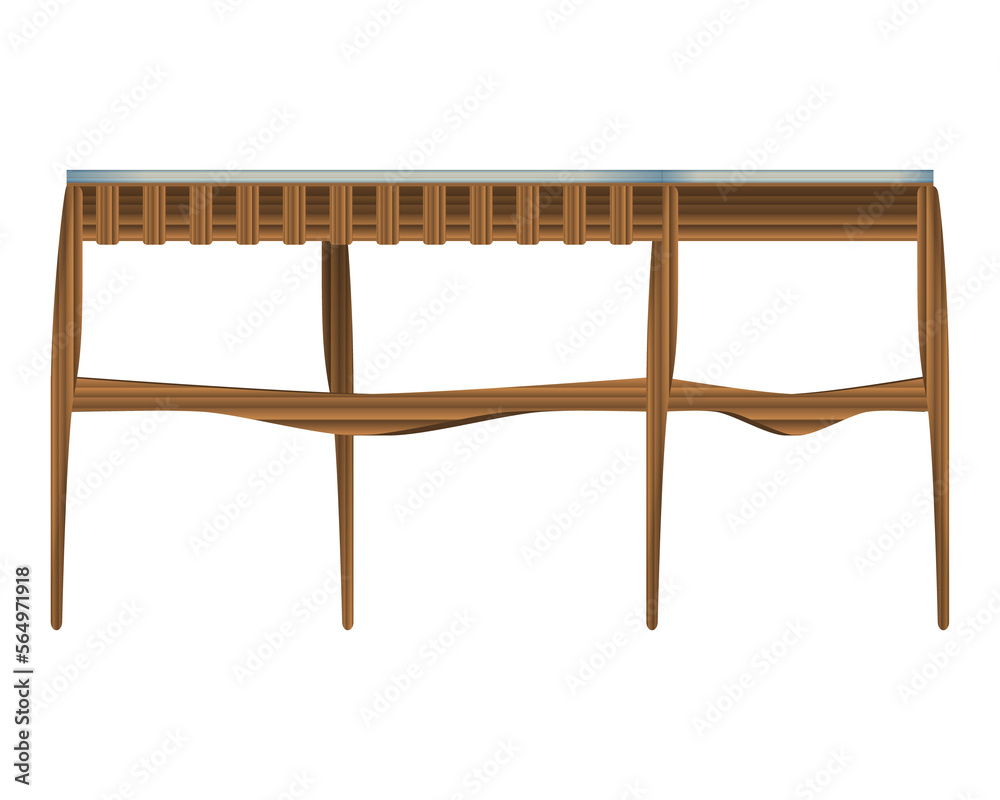 Folding wood table three-quarter view in realistic style. Turquoise table top. Home wooden furniture design. Colorful PNG illustration.