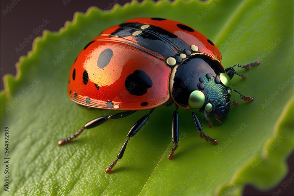 Fototapeta premium a lady bug sitting on top of a green leaf on a plant leaf with a black spot on it's back end and a black spot on the top of the back of the. generative ai