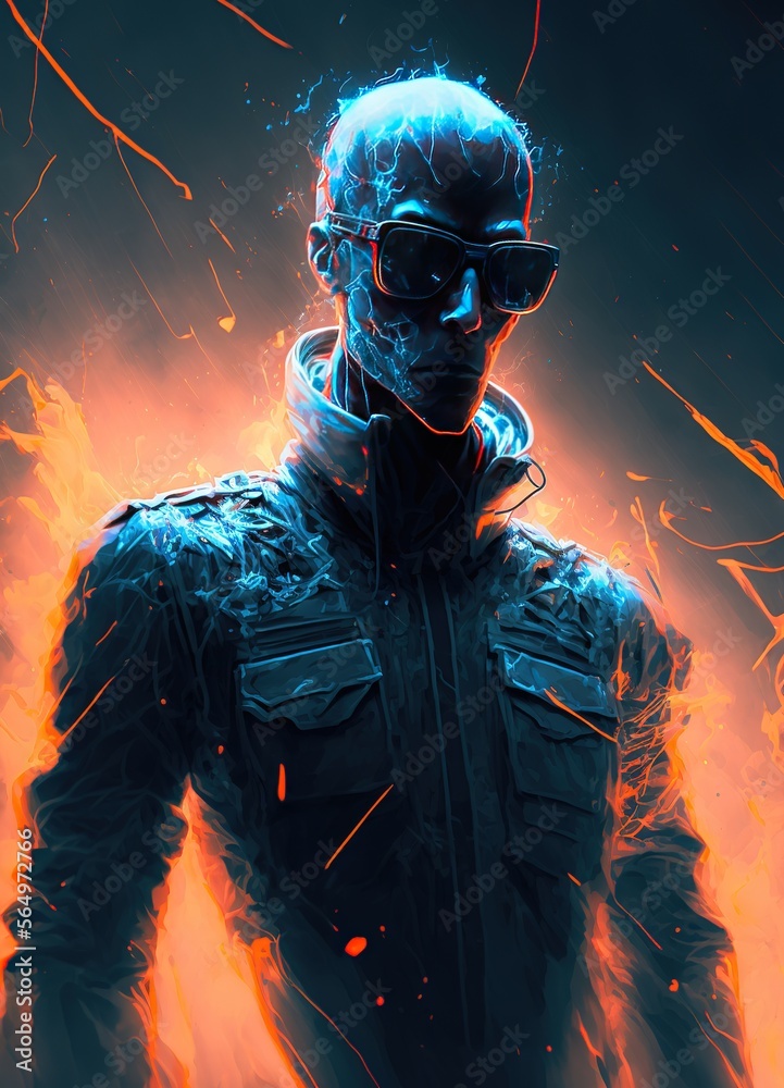 A scary zombie soldier stands in flame fire. Consequences of nuclear war. Zombie apocalypse illustration. Generative AI A scary zombie soldier stands in flame fire. Consequences of nuclear war. Zombie apocalypse illustration. Generative AI