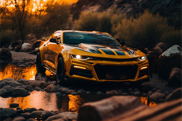 Fototapete Autos yellow musclecar sunset illustartion generative ai  © Roman