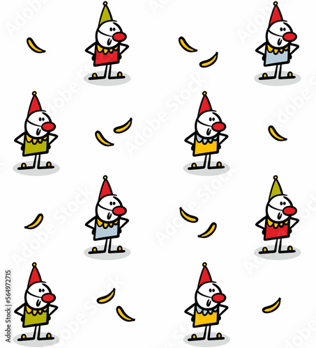 Seamless cartoon pattern with funny clowns from circus in colorful costumes and bananas.