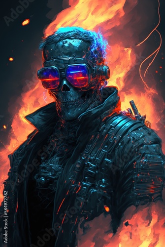 A scary zombie soldier stands in flame fire. Consequences of nuclear war. Zombie apocalypse illustration. Generative AI