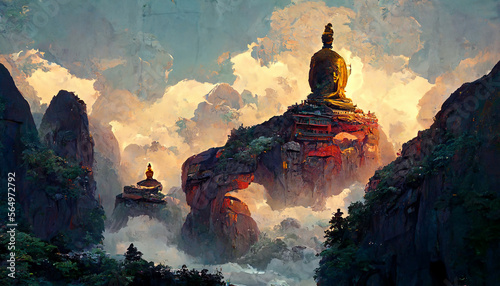 Big Buddha mural on the rock wall illustration Generative AI Content by Midjourney