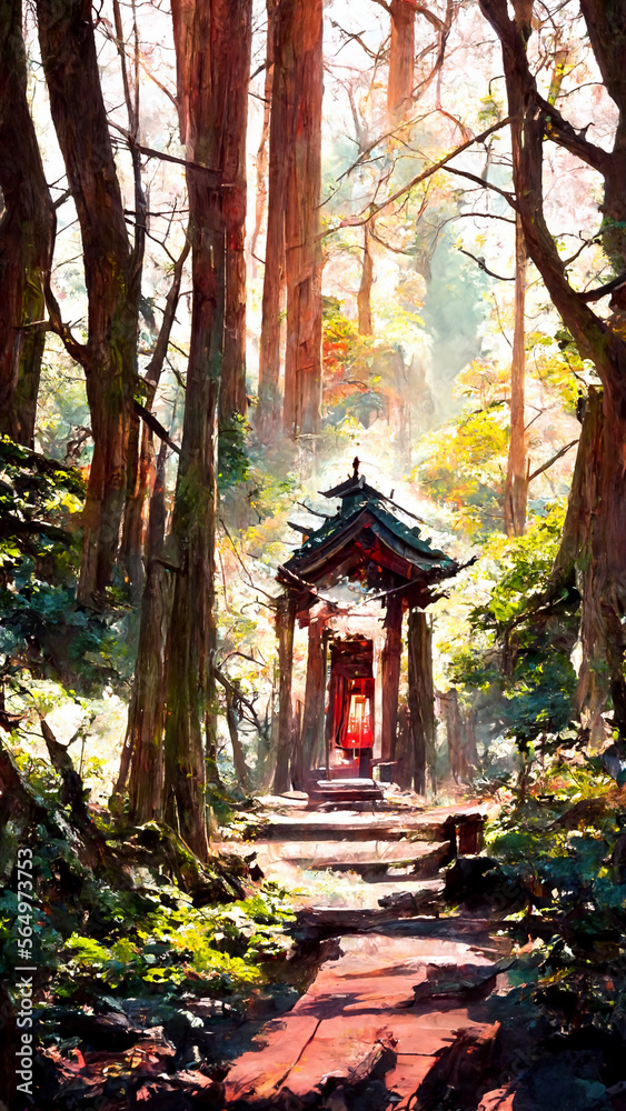Japanese shrine in the forest illustration Generative AI Content by Midjourney Japanese shrine in the forest illustration Generative AI Content by Midjourney