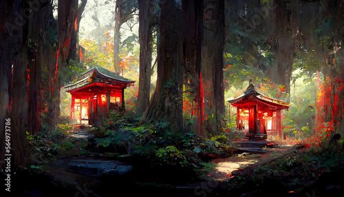 Japanese shrine in the forest illustration Generative AI Content by Midjourney