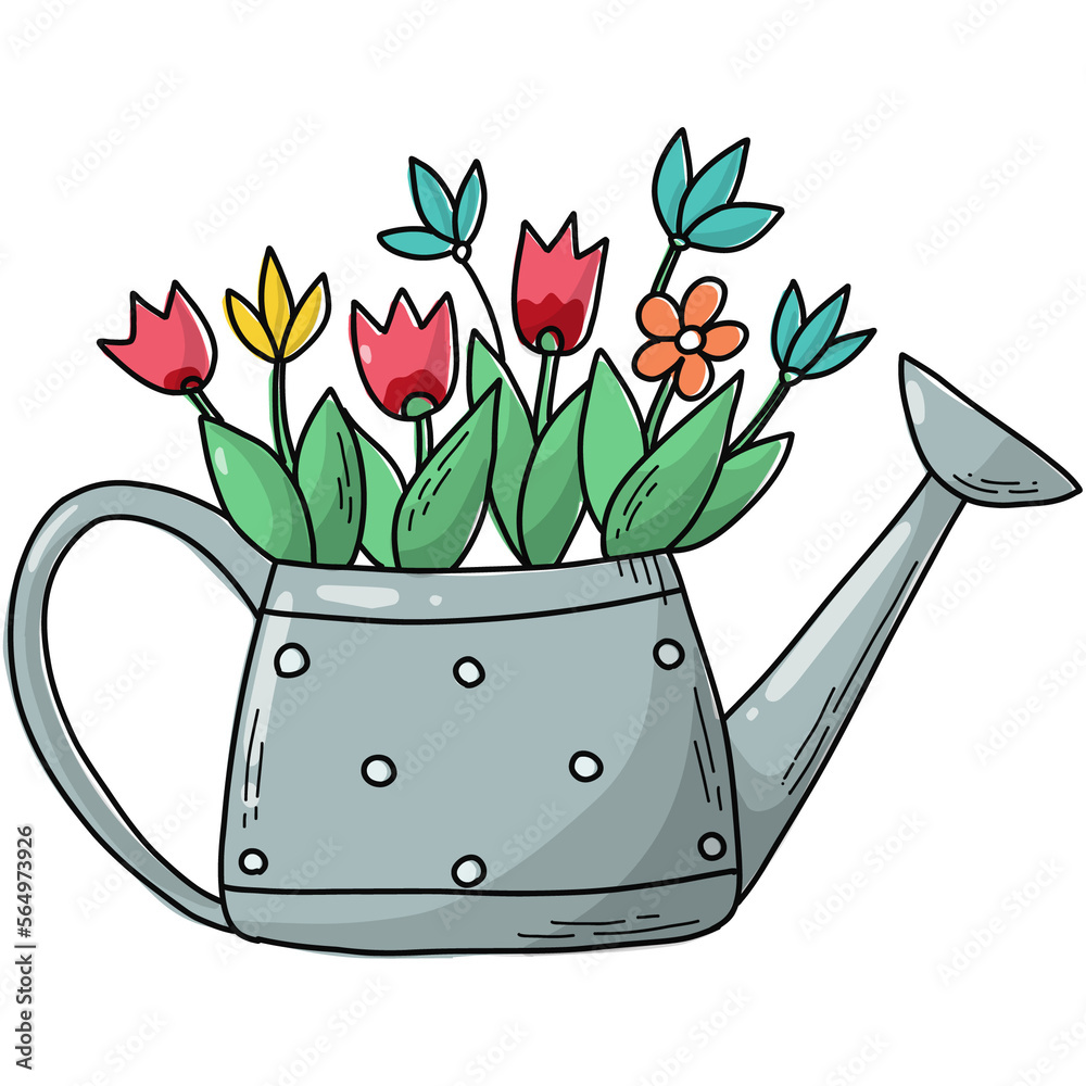 Spring PNG element of watering can with flowers, hand drawn doodle