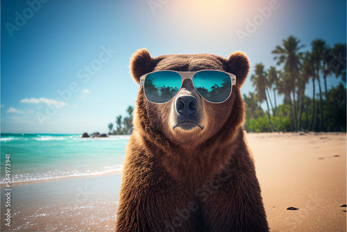 Portrait Bear in sunglasses at the resort. AI generated © StockMediaProduction