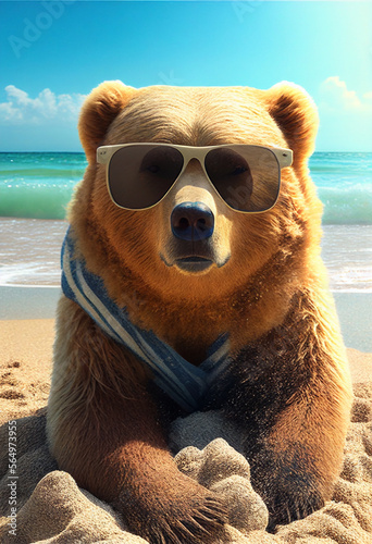Portrait Bear in sunglasses at the resort. AI generated