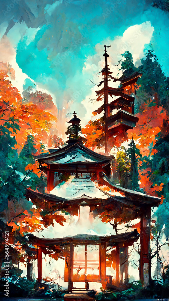 Obraz premium Japanese shrine in the forest illustration Generative AI Content by Midjourney