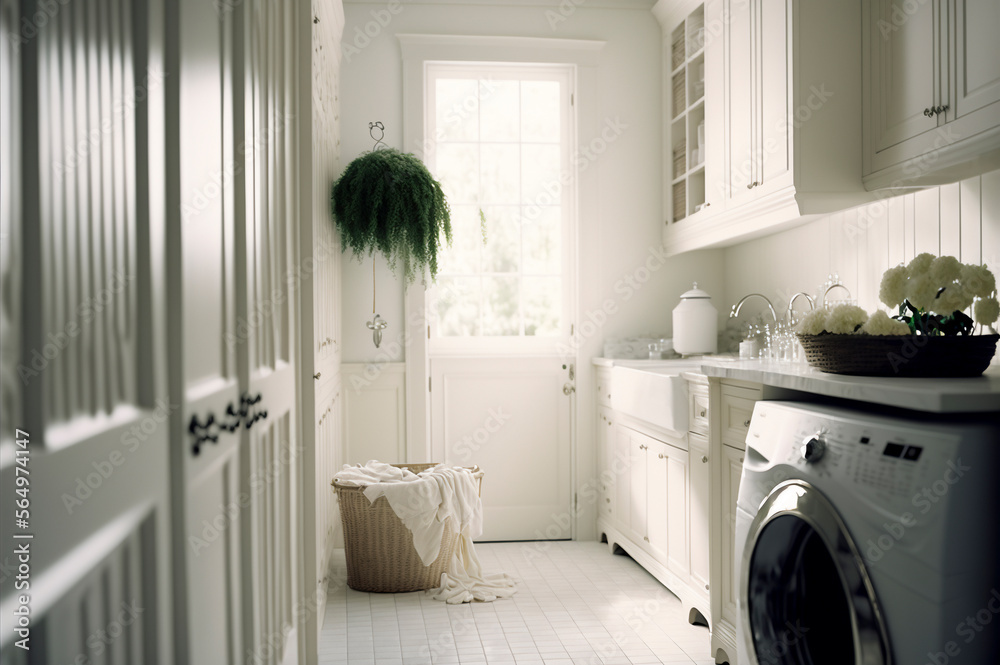 Farmhouse style laundry room, rolling carts, signs, cabinets. ai generative. Farmhouse style laundry room, rolling carts, signs, cabinets. ai generative.