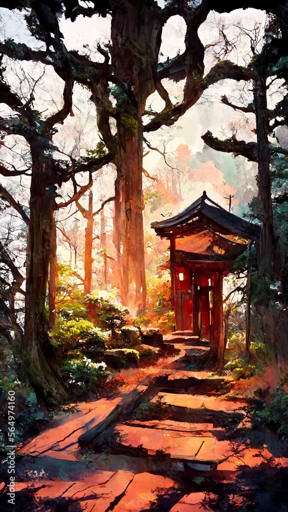 Japanese shrine in the forest illustration Generative AI Content by Midjourney Japanese shrine in the forest illustration Generative AI Content by Midjourney