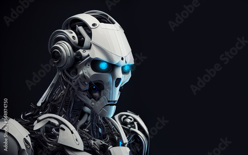 Robot android man isolated in black background created with a Generative AI technology © jim
