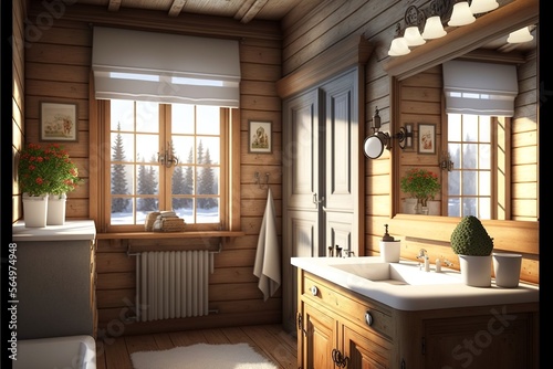 Country interior style bathroom with natural wood paneling and furnitures, with a washbasin with cabinet under it, and a mirror above it © Csaba