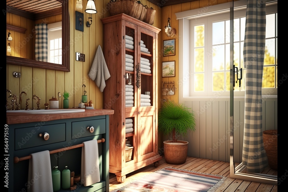 Country interior style bathroom with natural wood paneling in the morning sunshine with natural