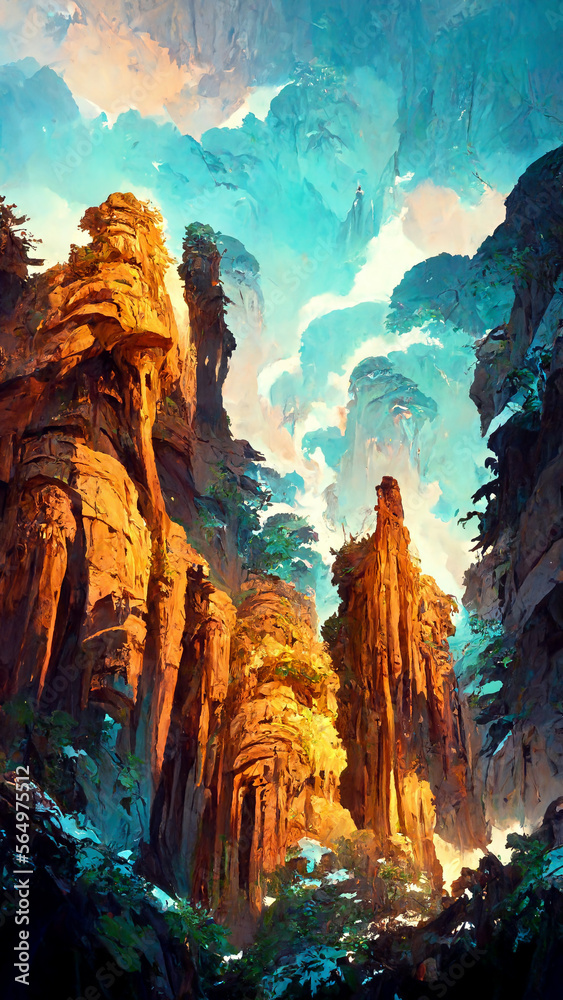 plateau cliff waterfall forest cave illustration Generative AI Content by Midjourney